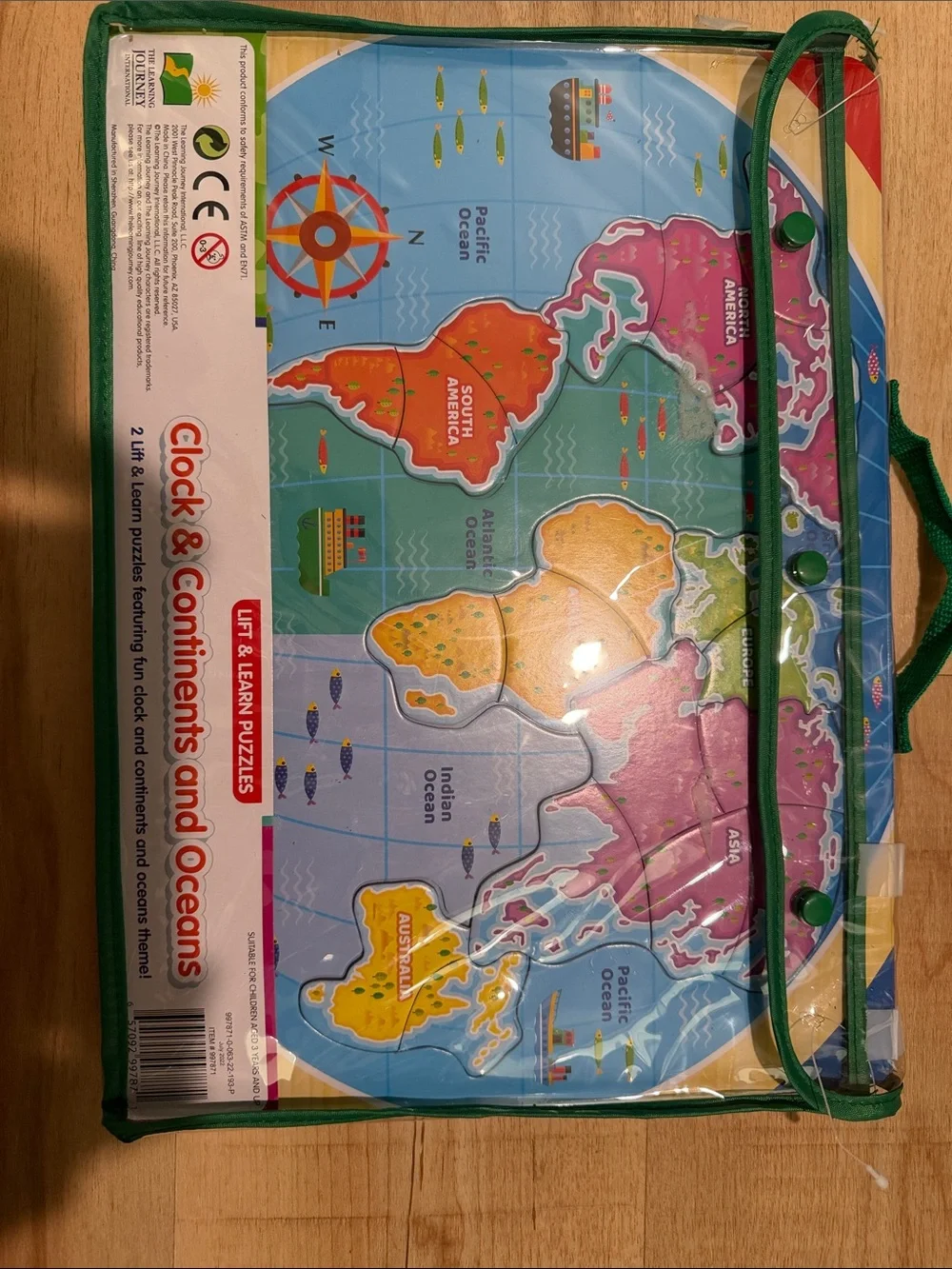 Clock & Continents and Oceans Kids Learning Puzzle - Rainbow